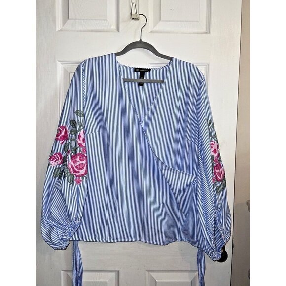 I.N.C. Blue Thin Stripes Embroidered Sleeves Belted Side Zipper Blouse Sz XL - Picture 3 of 14